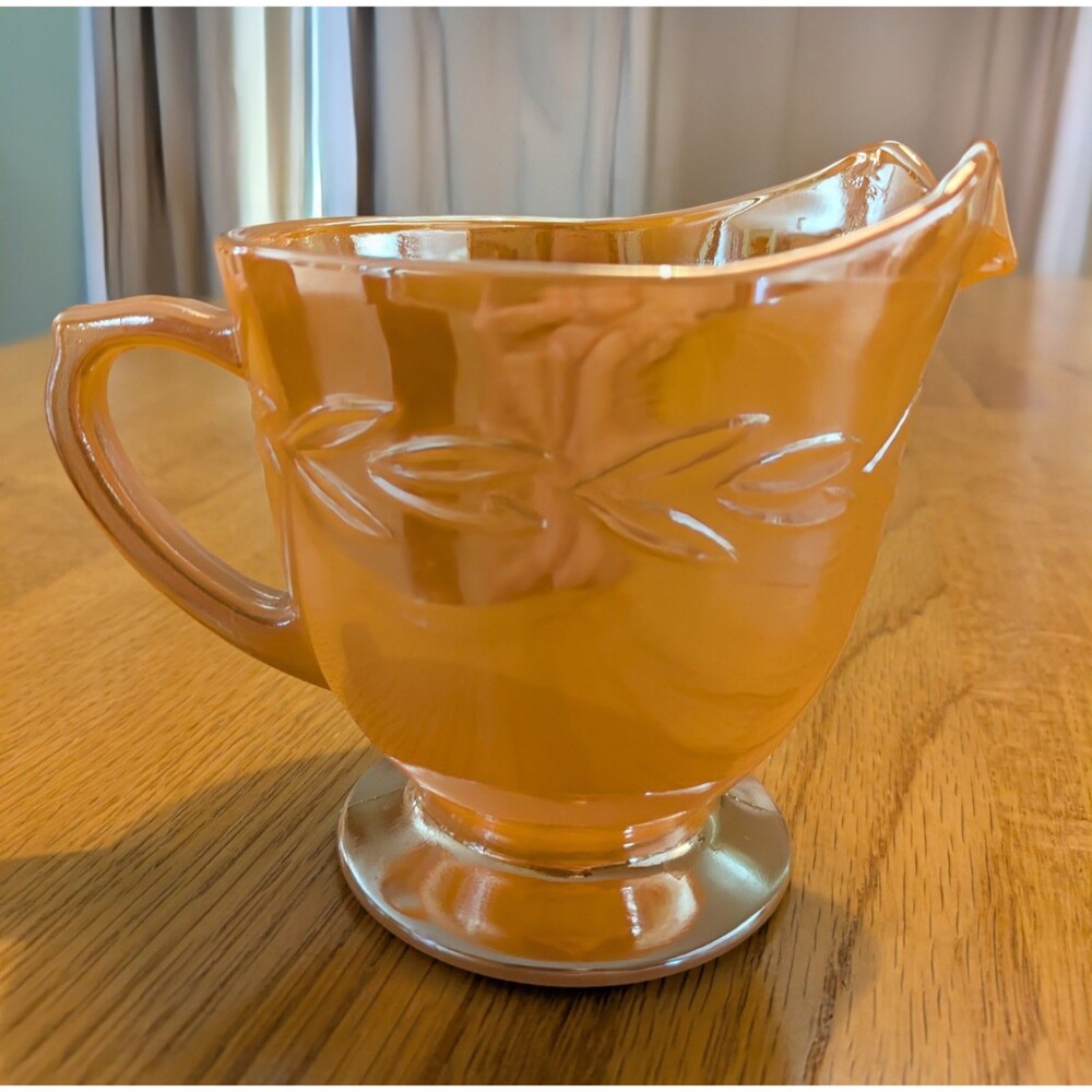 Fire King USA OVEN WARE Glass Opalescent Peach Orange Luster Creamer  c1950 EUC